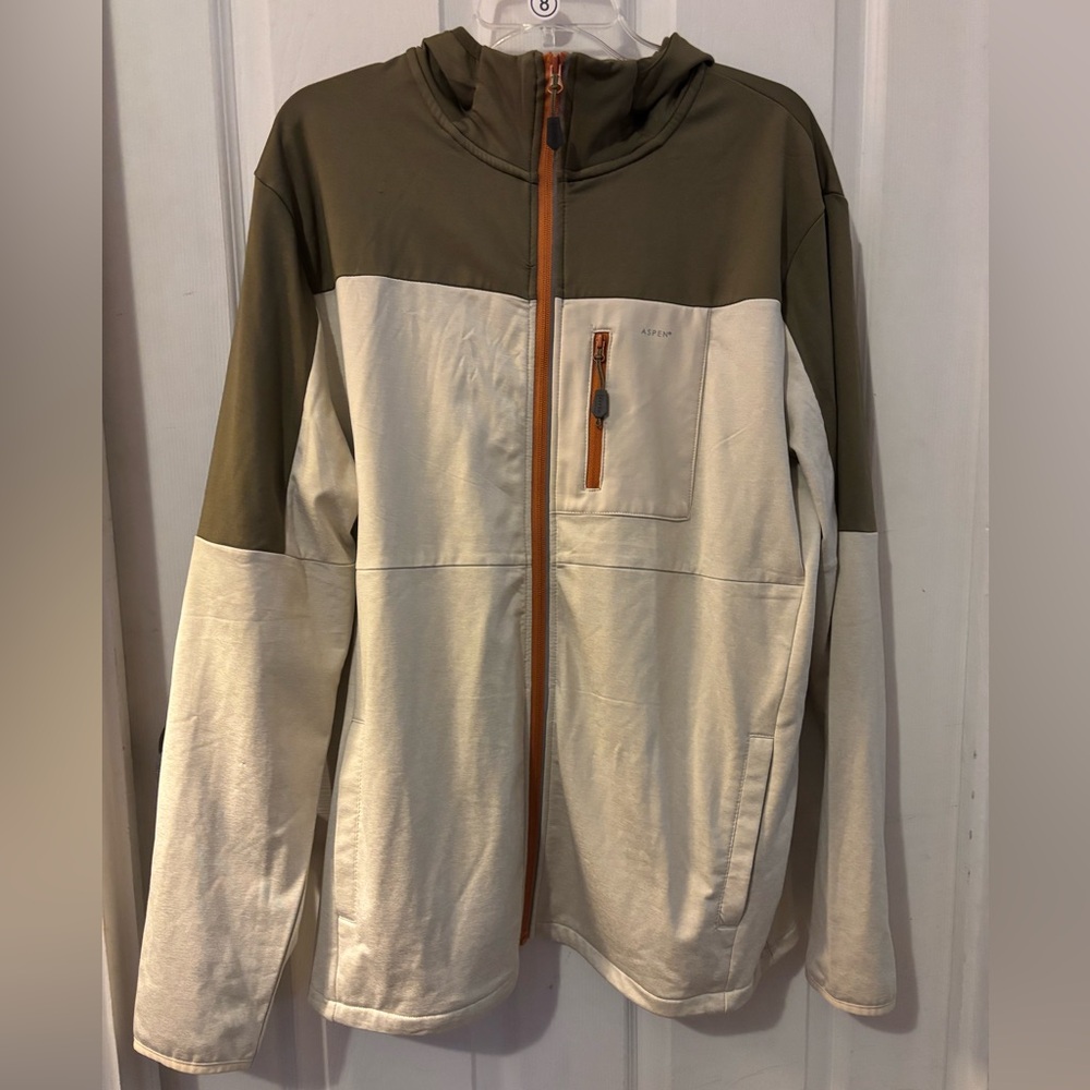 Aspen Outdoors Full Zip Hooded Fleece Mens Large Olive Green Tan